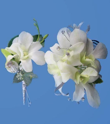his and hers orchid - white orchid , boutonniere , corsage , wedding , prom , graduation