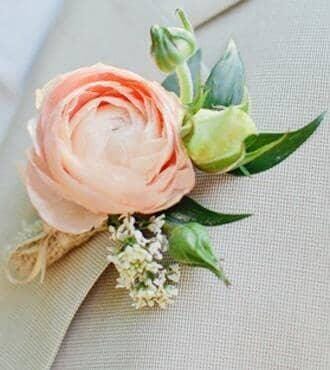 Pink Ranunculus Boutonniere - pink ranunculus , bloomed buds , greens , boutonniere , wedding , prom , graduation