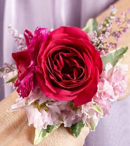 Rose Charm Corsage - hot pink spray roses , pink larkspur , pink heather , variegated ivy , hot pink raffia ribbon , corsage , wedding , prom , graduation