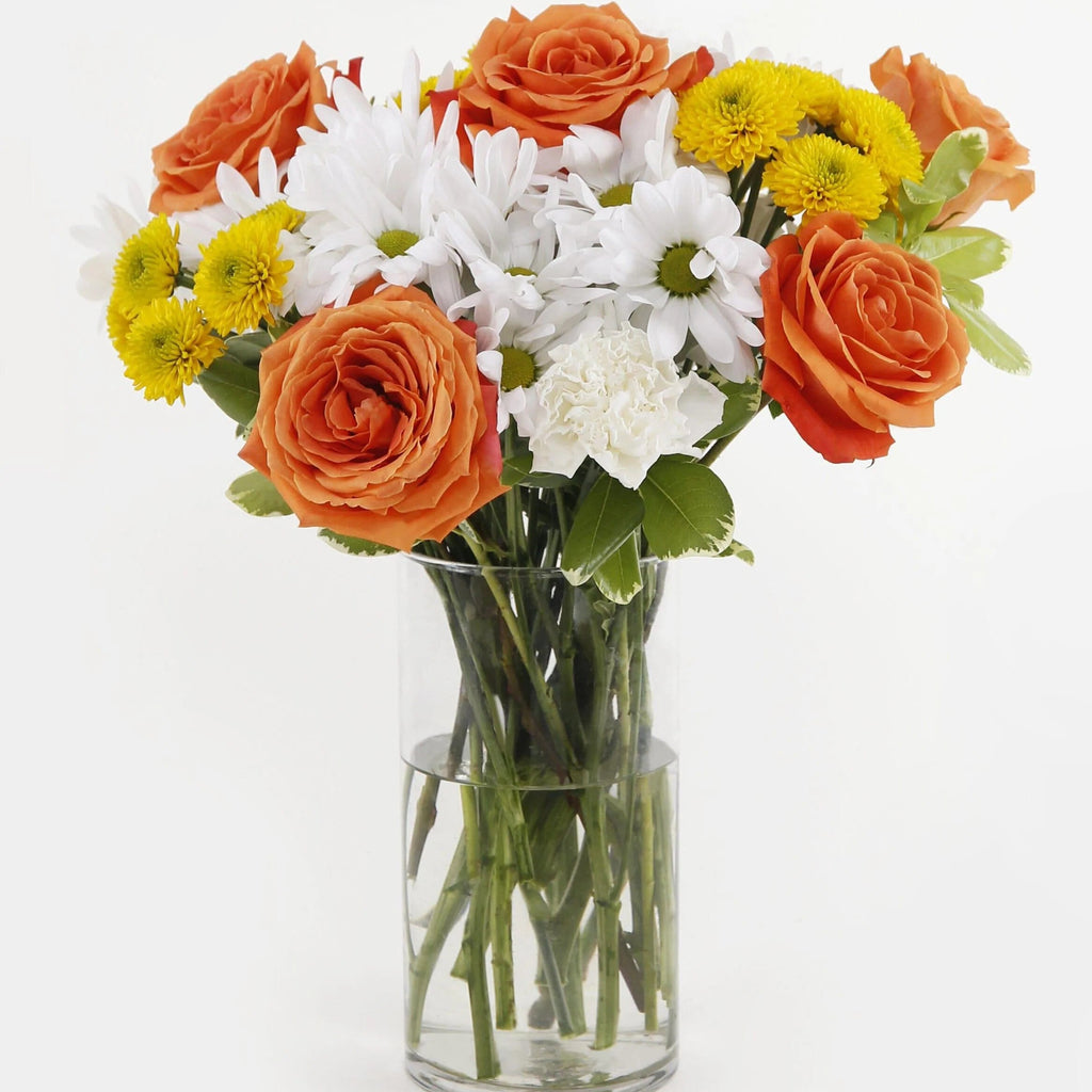 Sweet Moments Bouquet Fuller - orange roses , daisies , yellow button mums, white carnations, pittosporum