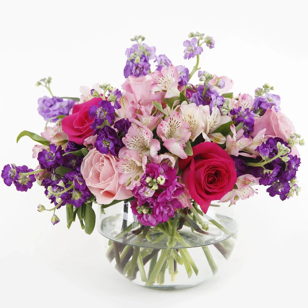 Tranquil Bouquet Fuller - hot pink roses , pink roses , purple stock , lavender stock , fuchsia stock , pink lilies , vase arrangement