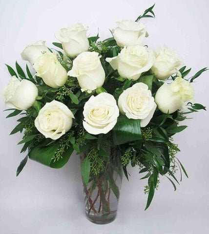 White Rose Bouquet - white roses , greens , vase arrangement