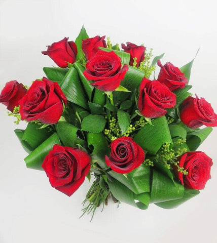 12 Red Roses – Modern™ - red roses , aspidistra , berzilia , green berries , bouquet