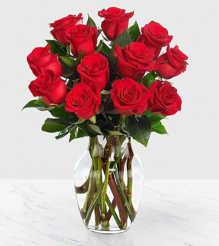 12 Stems Red Rose Arrangement - red roses , seeded eucalyptus , long-stem , vase arrangement