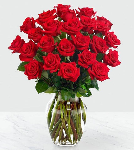 24 Stems Red Rose Arrangement - vase of red roses