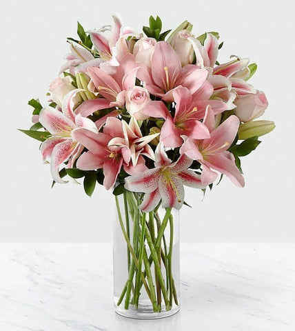 Always and Forever Bouquet - pink roses , pink lilies , vase arrangement