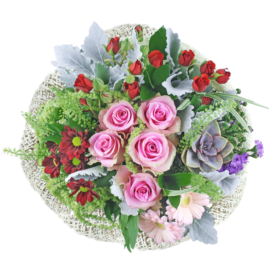 Be Mine Bouquet - roses, spray roses, succulents, gerberas, daisies, green hanging amaranthus, and dusty miller
