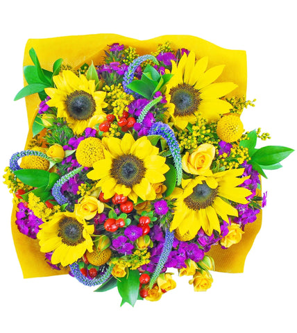 Mixed bouquet in warm tones with sunflowers, billy balls, spray roses, hypericum, dianthus, veronicas and ruscus.
