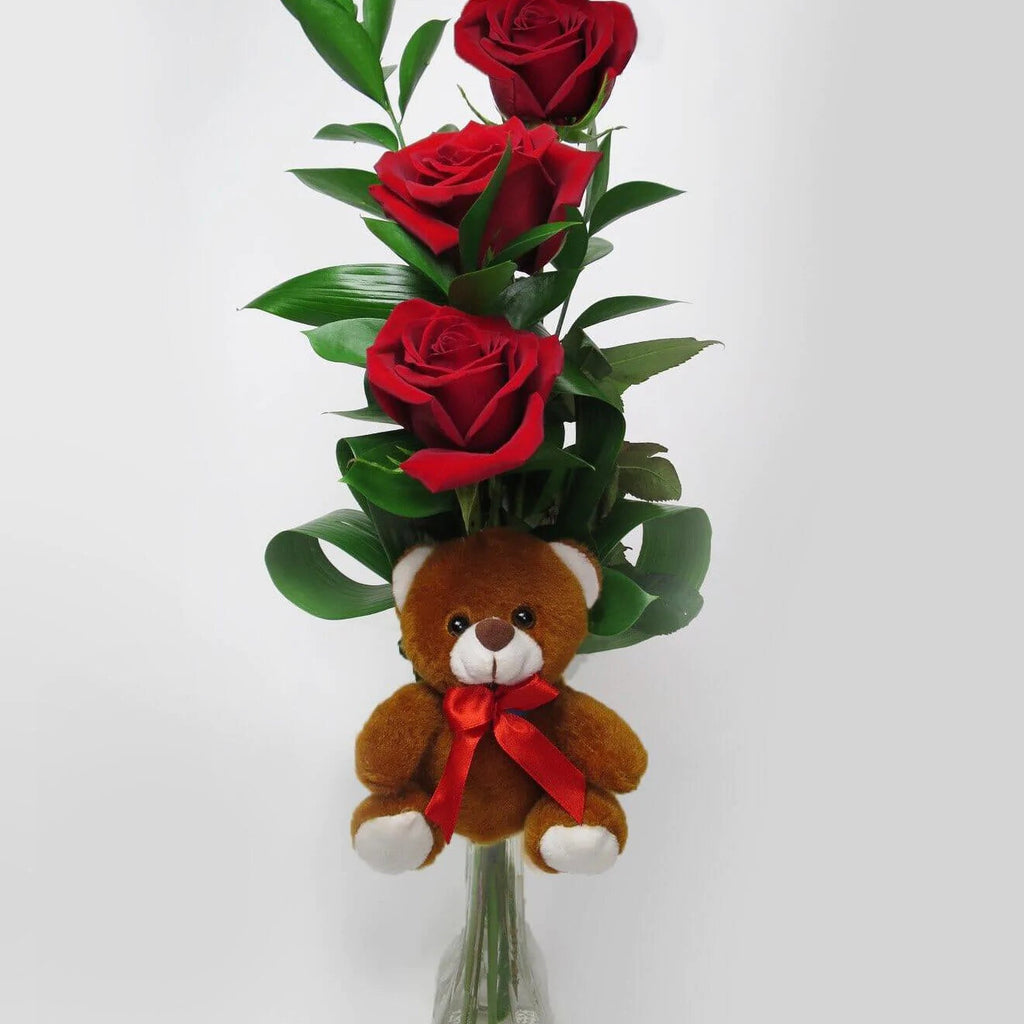 Deepest Devotion Bouquet red roses , aspidistra , Israeli ruscus , teddy bear , vase arrangement
