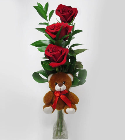 Deepest Devotion Bouquet red roses , aspidistra , Israeli ruscus , teddy bear , vase arrangement