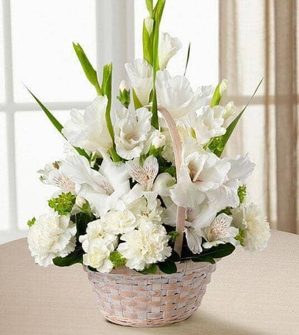 Eternal Affection™ Arrangement - white gladiolus , white lilies , white carnations , white mini carnations , basket arrangement