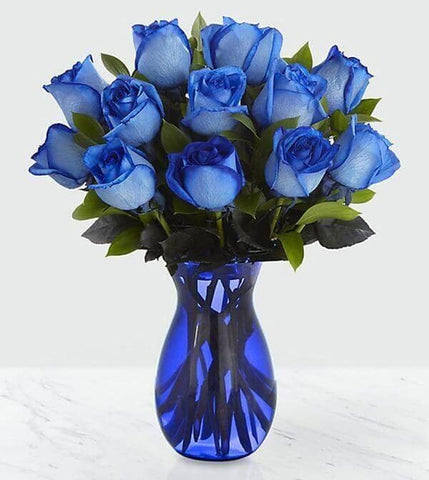 Extreme-Blue-Hues-Fiesta - blue roses , tinted , dyed , vase arrangement