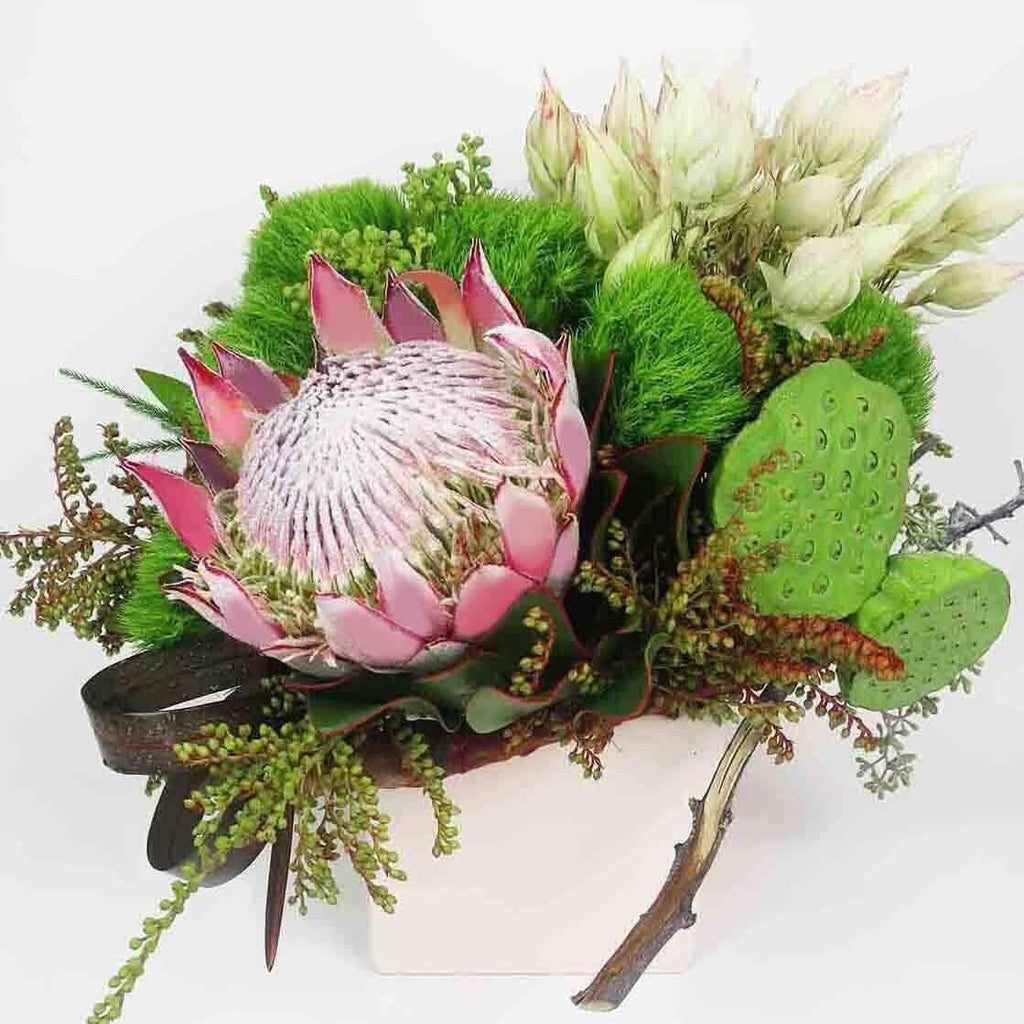 Forever Blooming™ - king proteas, lotus pods, blushing bride flowers, green dianthus , greens
