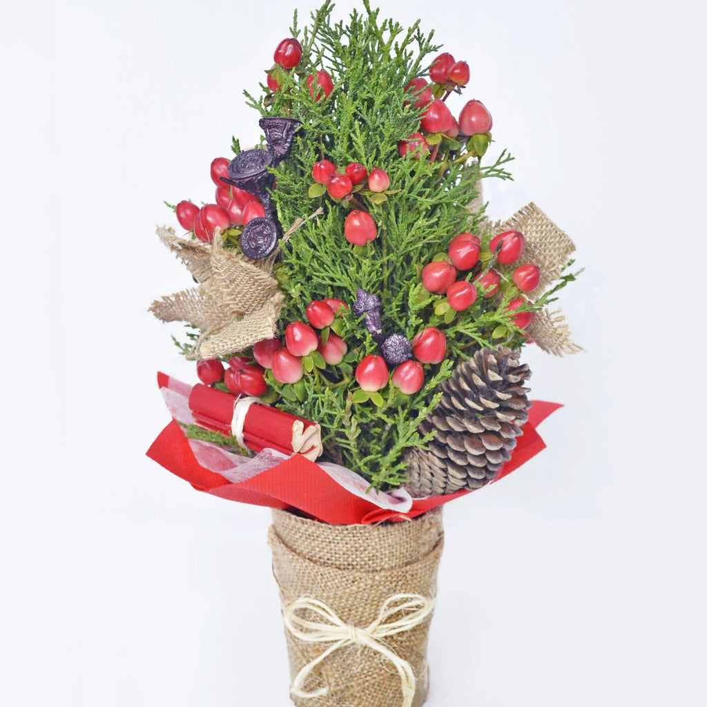 Mini cypress Christmas tree with natural hypericum and pine accents and a rustic look.