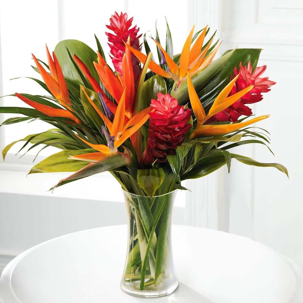 Hot Tropic - birds of paradise, heliconias, ginger , exotic foliage , vase arrangement