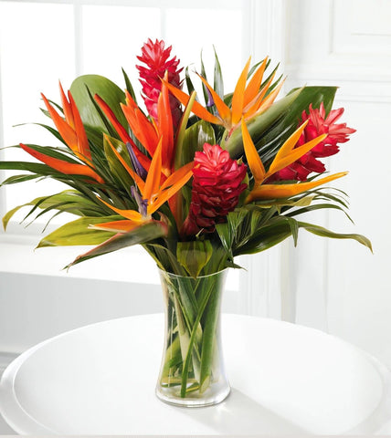 Hot Tropic - birds of paradise, heliconias, ginger , exotic foliage , vase arrangement