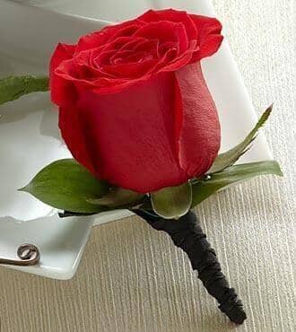 red rose boutonniere - red rose , greens , black taffeta ribbon , boutonniere , wedding , prom , graduation