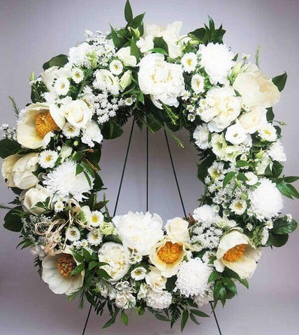Serene Blessings™ Wreath -wreath of white and cream flowers, features peonies, mums, asters, lisianthus, carnations and lush greens