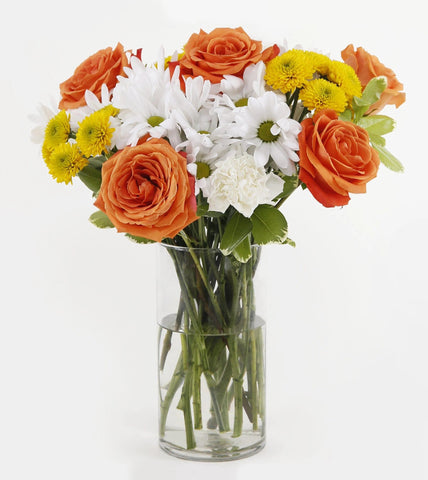Sweet Moments Bouquet Fuller - orange roses , daisies , yellow button mums, white carnations, pittosporum