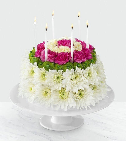 THE WONDERFUL WISHES™ FLORAL CAKE - white chrysanthemums , green button poms , yellow carnations , magenta mini carnations , floral cake